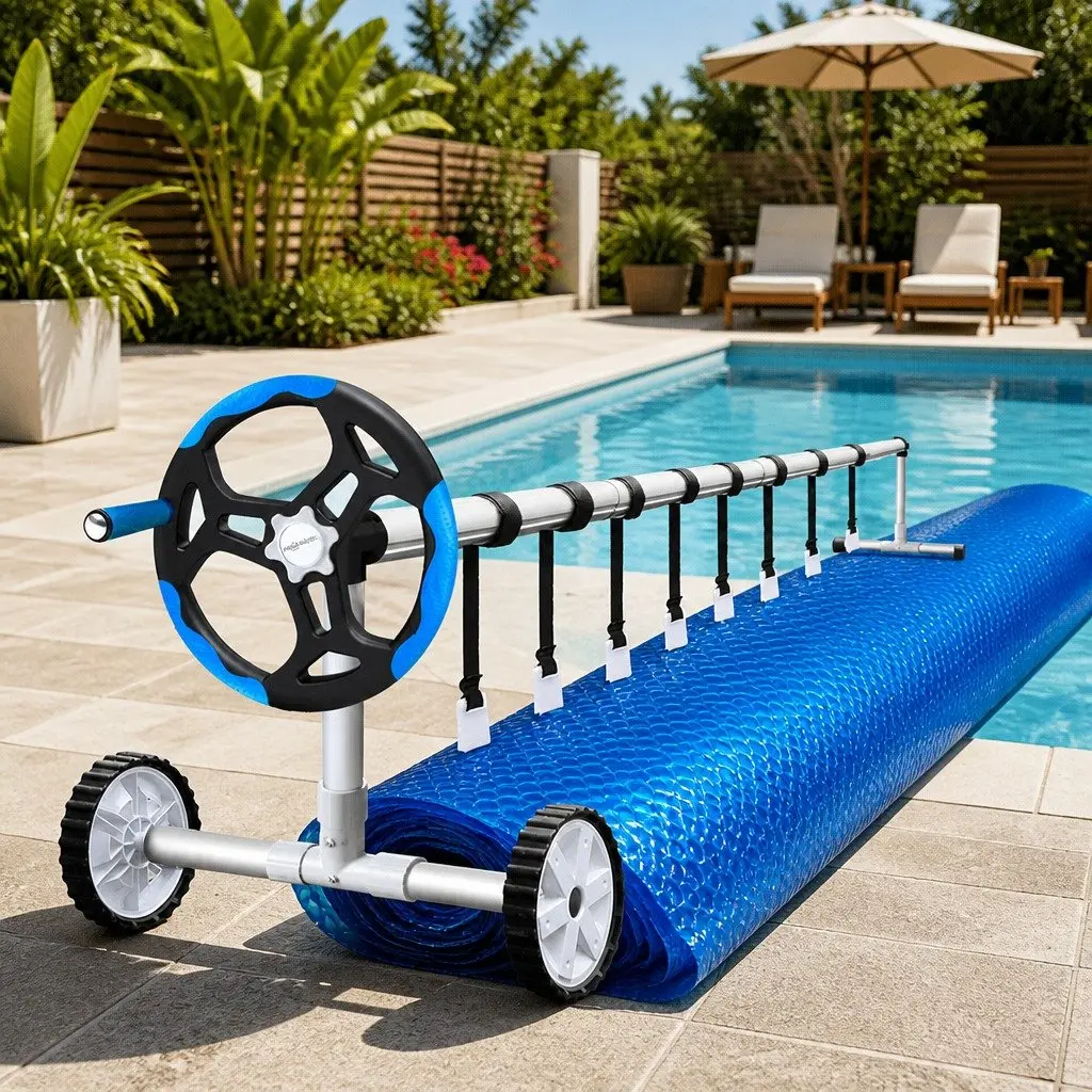 Pool Cover 8m x 4.2m 400 Micron Blue with Aluminium Roller 5.55m