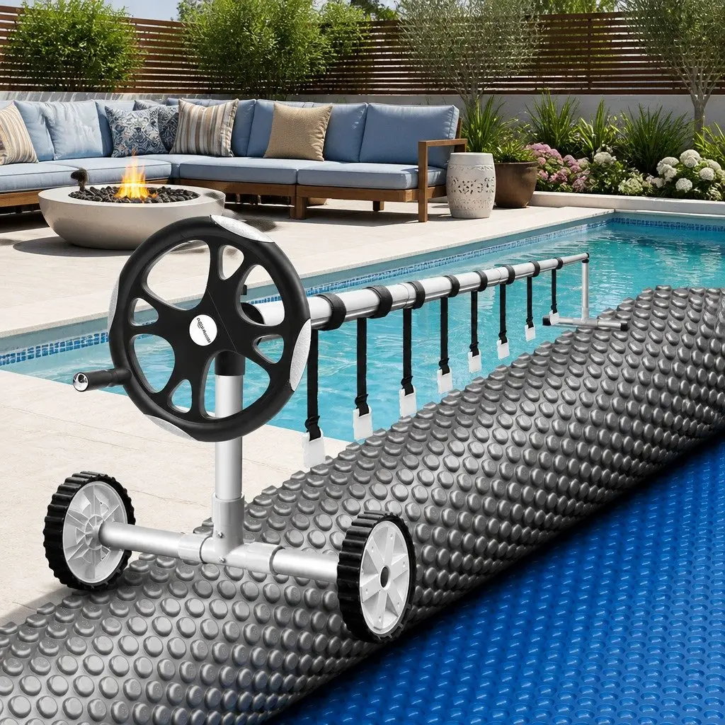 Solar Pool Cover 600 Micron LDPE 8x4.2m Blue with Aluminium Roller 5.55m