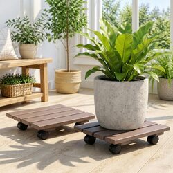 Durable Brown Plant Caddy with Lockable Wheels - 2PC