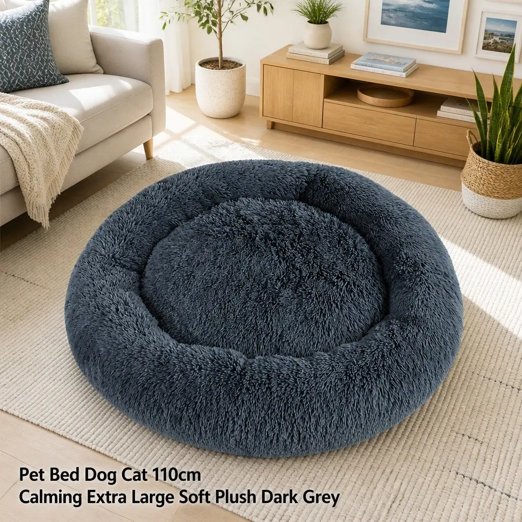 Extra Large Dog Cat Bed 110cm Soft Plush Dark Grey