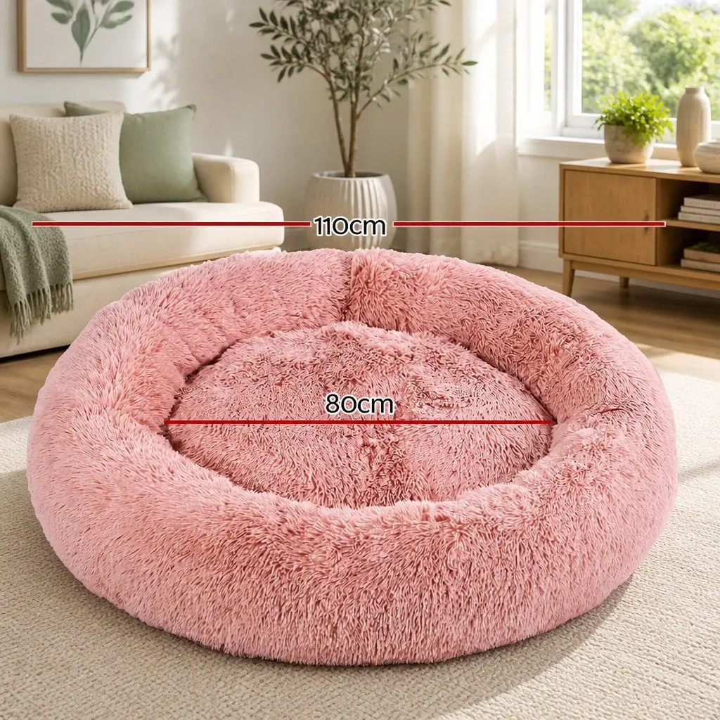 Extra Large Pet Bed Polyester 110cm Soft Plush Calming Pink Washable Cover