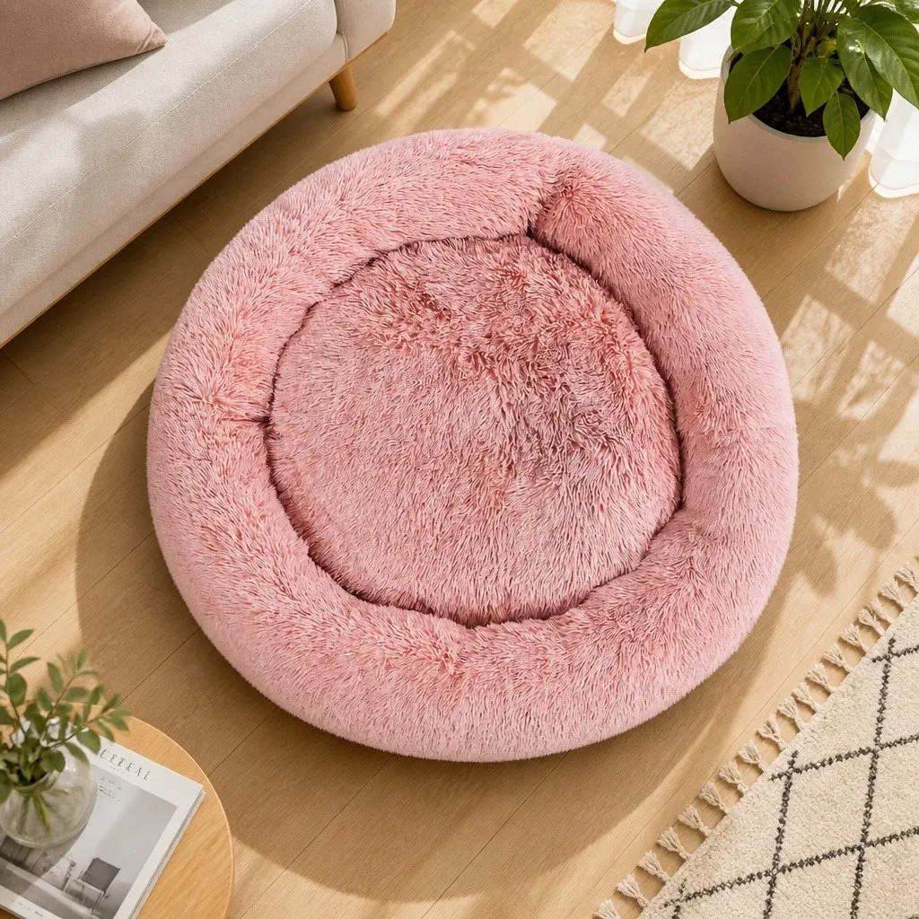 Extra Large Pet Bed Polyester 110cm Soft Plush Calming Pink Washable Cover