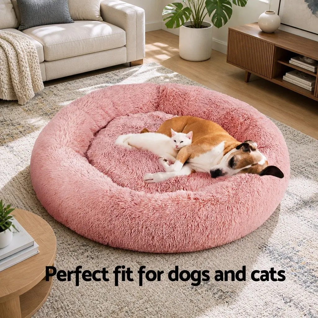 Extra Large Pet Bed Polyester 110cm Soft Plush Calming Pink Washable Cover