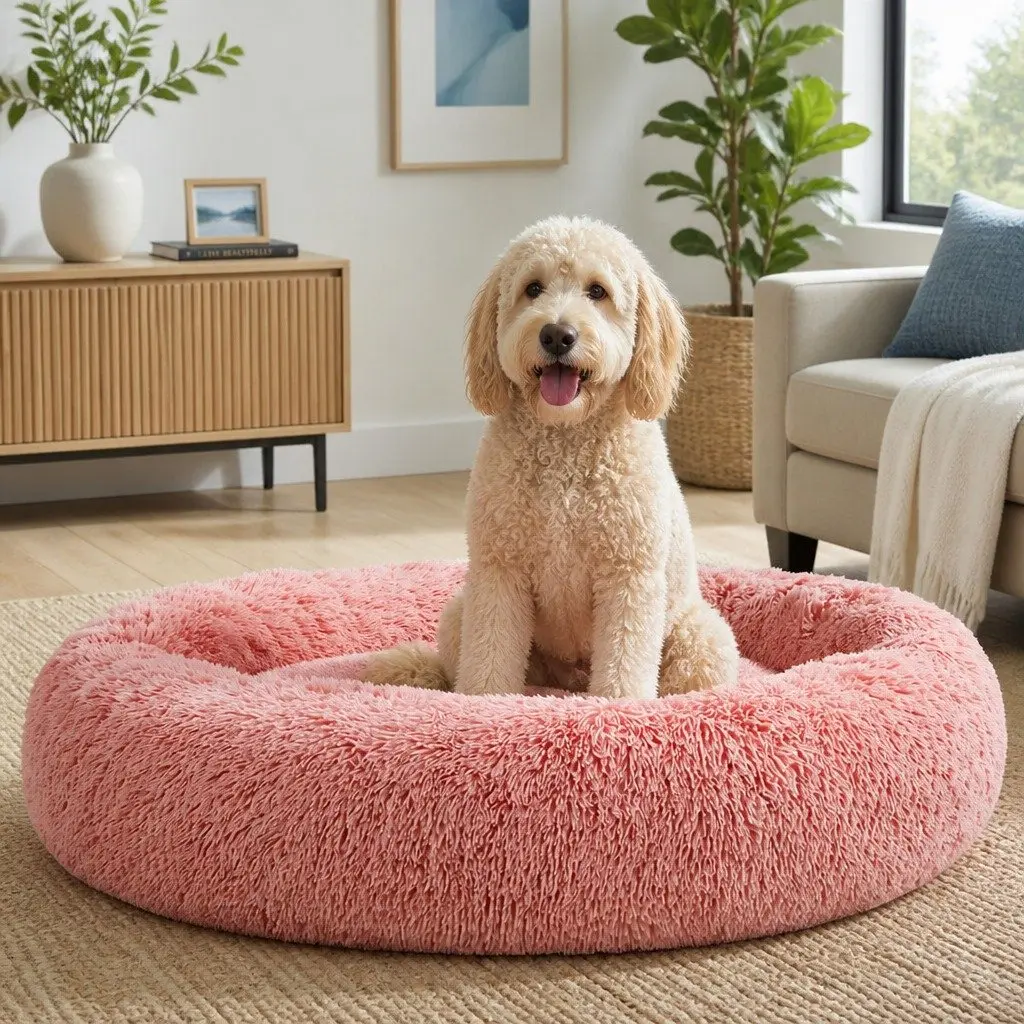 Extra Large Pet Bed Polyester 110cm Soft Plush Calming Pink Washable Cover