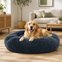 Large Dog Cat Pet Bed 90cm Calming Soft Plush Sleeping Cushion Dark Grey