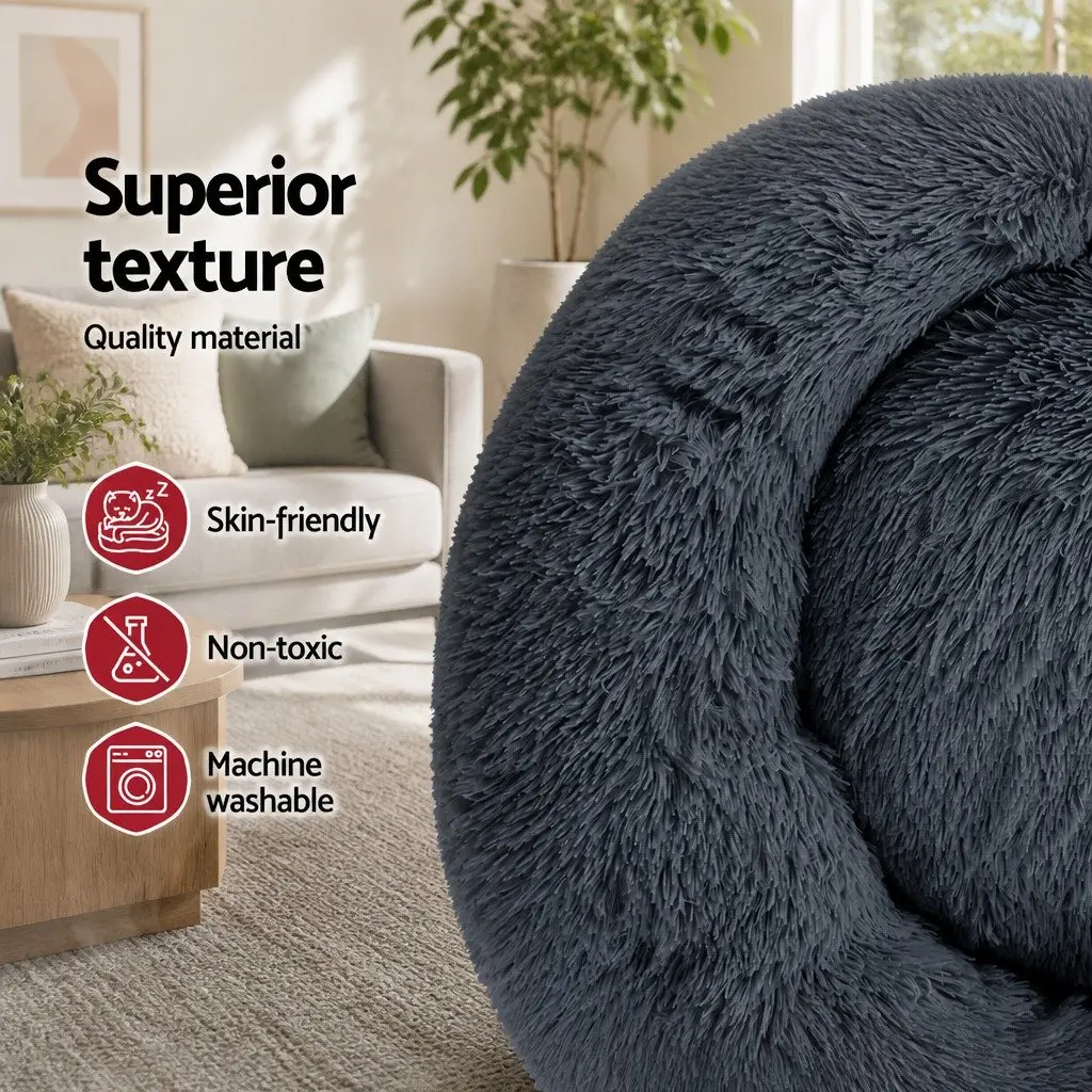 Calming Plush Dog Cat Bed 90cm in Dark Grey