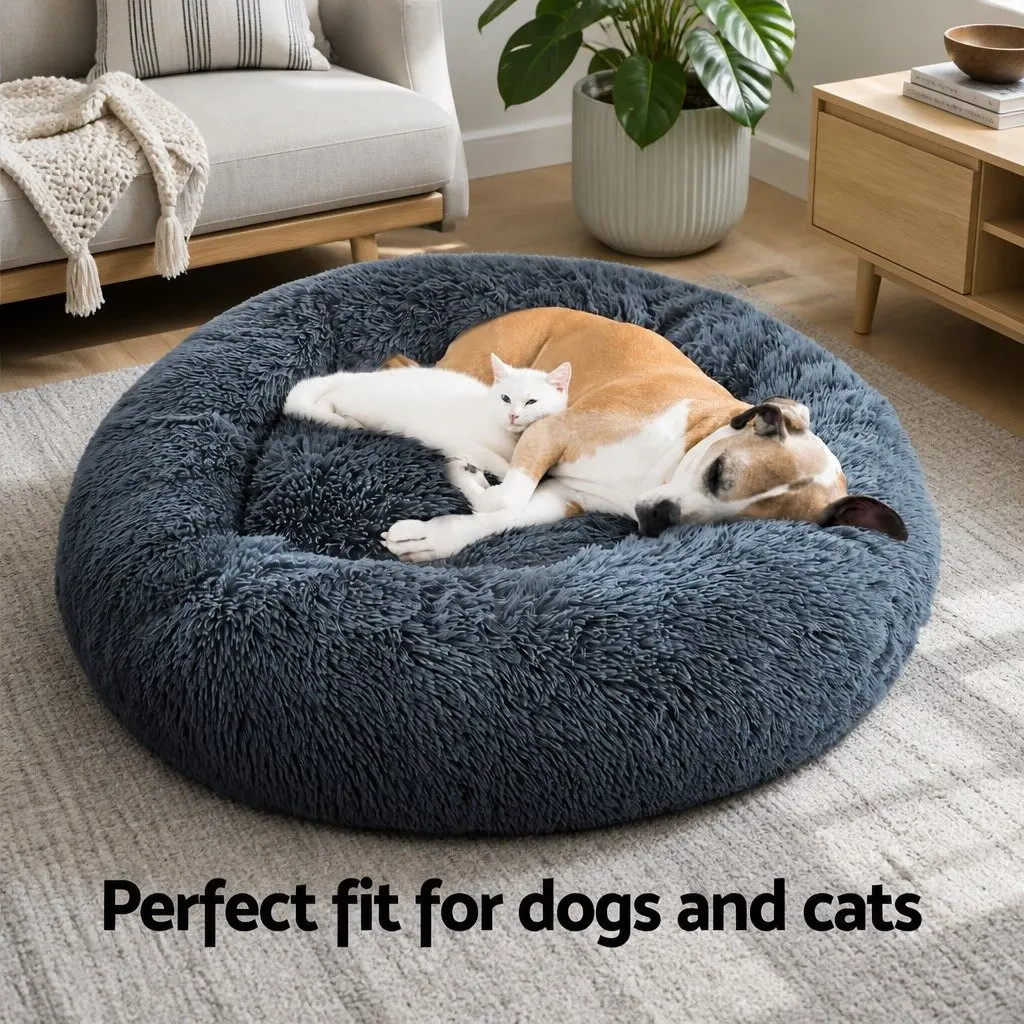 Calming Plush Dog Cat Bed 90cm in Dark Grey