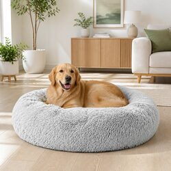 Large Dog Cat Pet Bed 90cm Calming Plush Soft Washable Light Grey