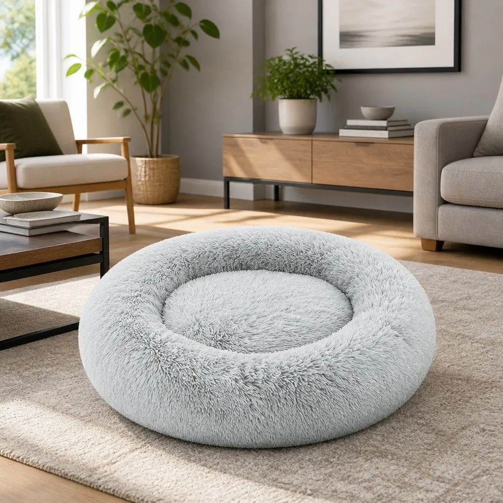 Large Dog Cat Bed 90cm Plush Light Grey