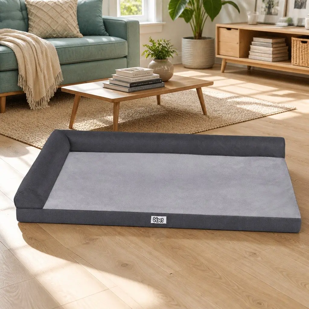 Large Grey Pet Bed with Plush Cushion and Egg Crate Support