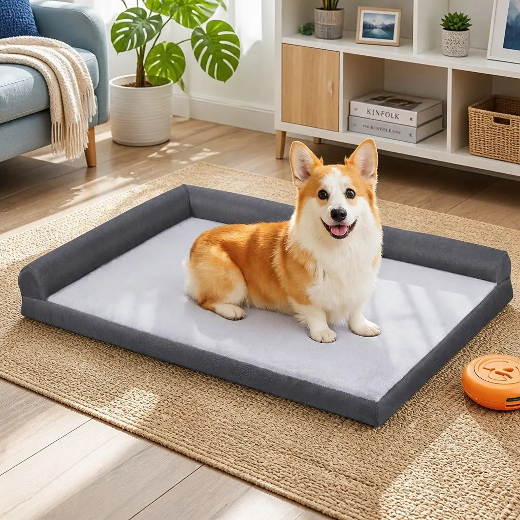 Large Grey Pet Bed with Plush Cushion and Egg Crate Support