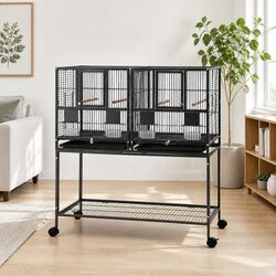Bird Cage Aviary 106cm 2-in-1 Divider Parrot Budgie Wheels Storage Black