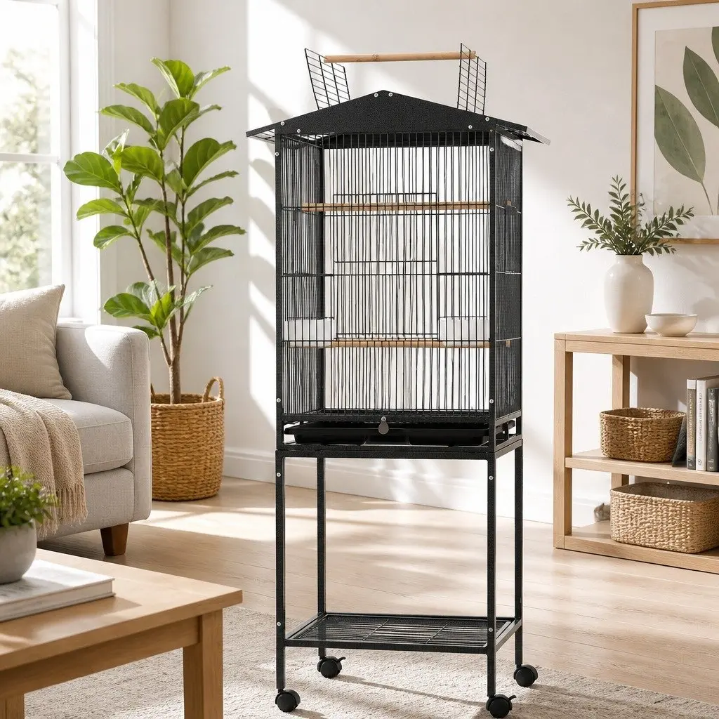 Bird Cage Steel 136cm Black Open Top Aviary Parrot Budgie Stand with Wheels