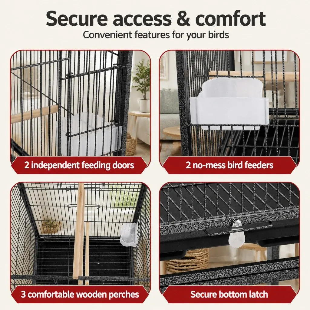 Bird Cage Steel 136cm Black Open Top Aviary Parrot Budgie Stand with Wheels