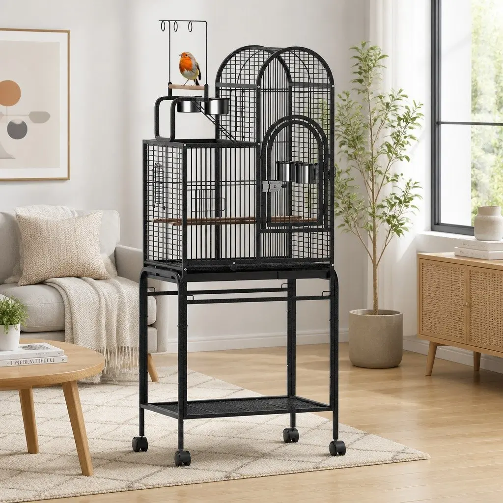 Bird Cage Metal 152.5cm Black Portable with Wheels Multiple Doors