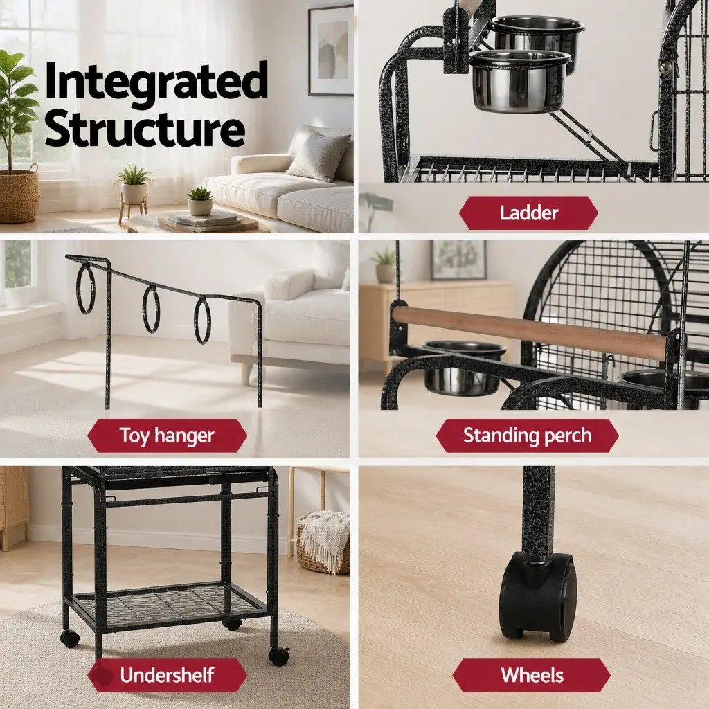 Bird Cage Metal 152.5cm Black Portable with Wheels Multiple Doors