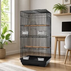 Large 88cm Black Wrought Iron Bird Cage with Feeders