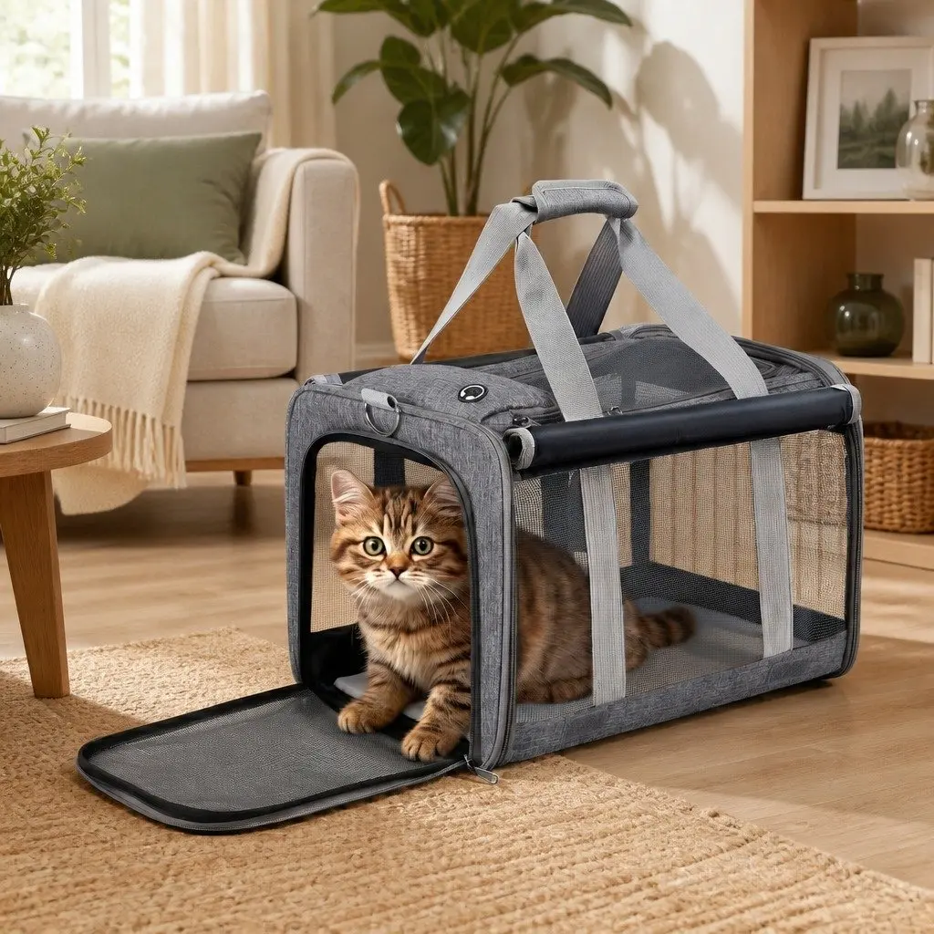 Pet Carrier Backpack Oxford Cloth Grey Portable Foldable Dog Cat Travel Cage