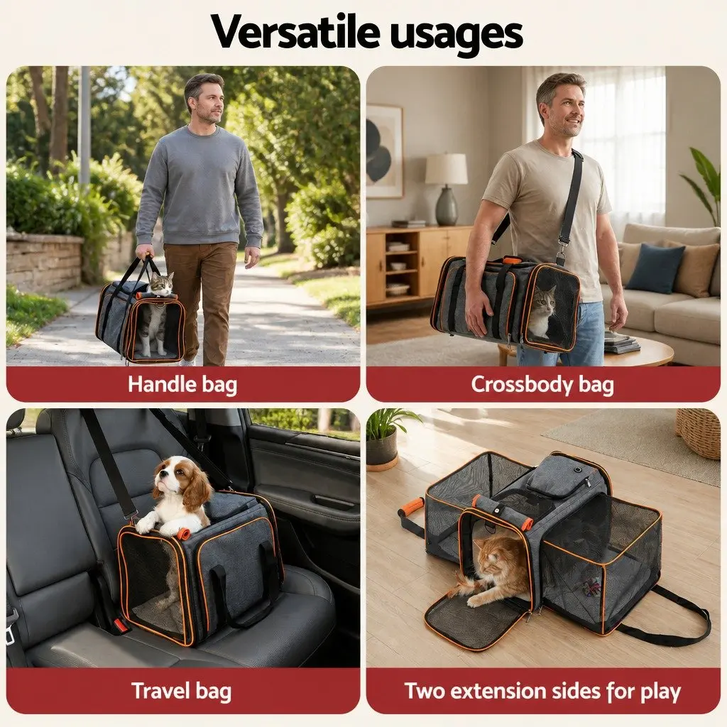 Pet Carrier Bag Polyester Foldable Expandable Grey Orange