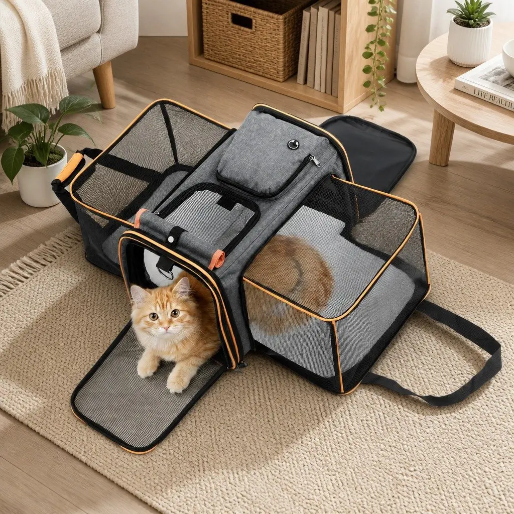 Pet Carrier Bag Polyester Foldable Expandable Grey Orange