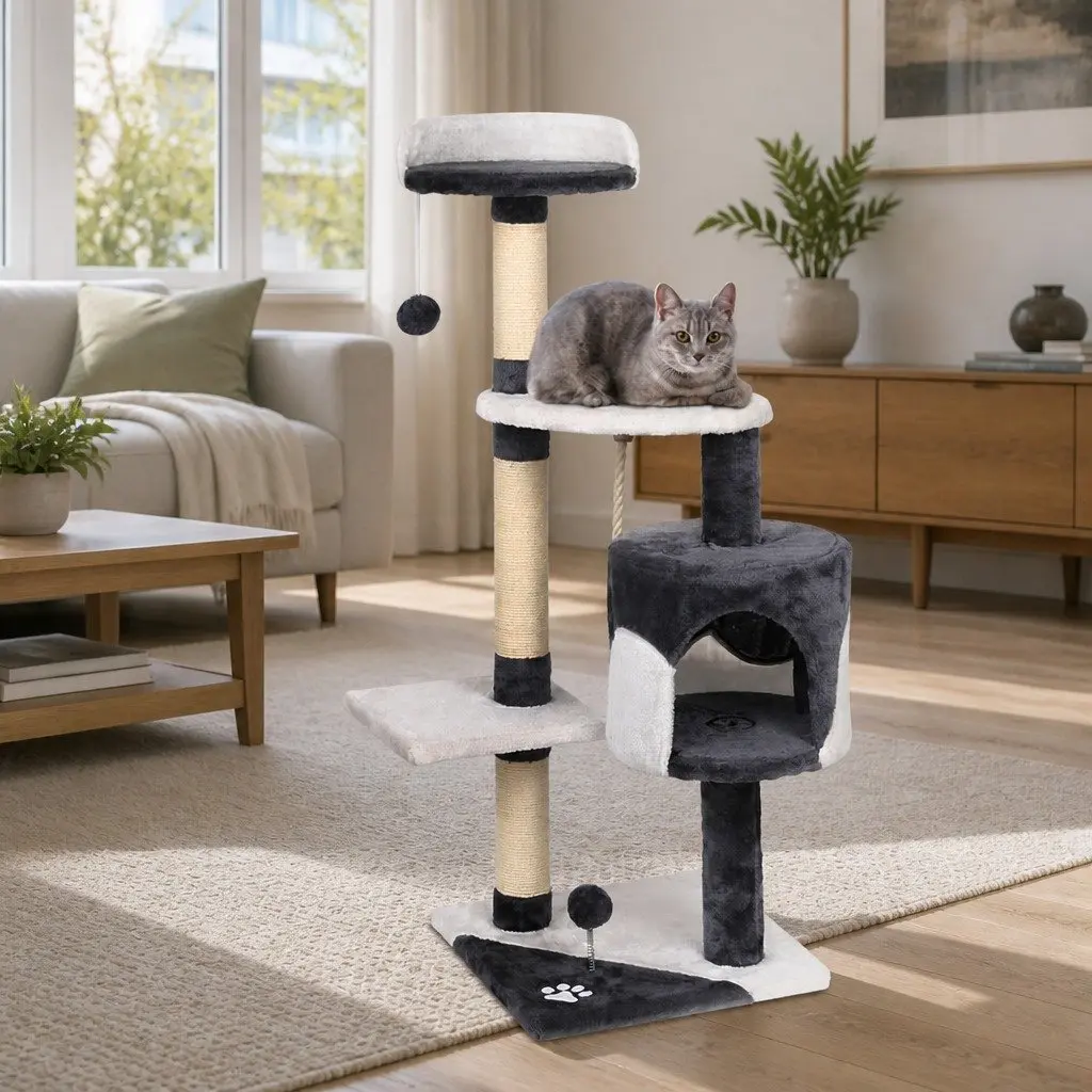 Multi-Level Cat Tree 112cm High with Grey Plush Finish