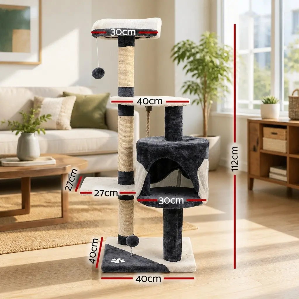 Multi-Level Cat Tree 112cm High with Grey Plush Finish