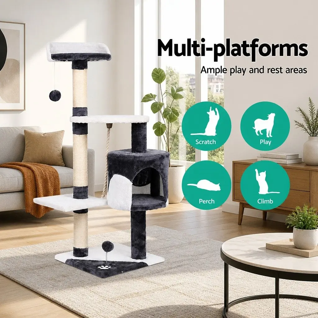 Multi-Level Cat Tree 112cm High with Grey Plush Finish