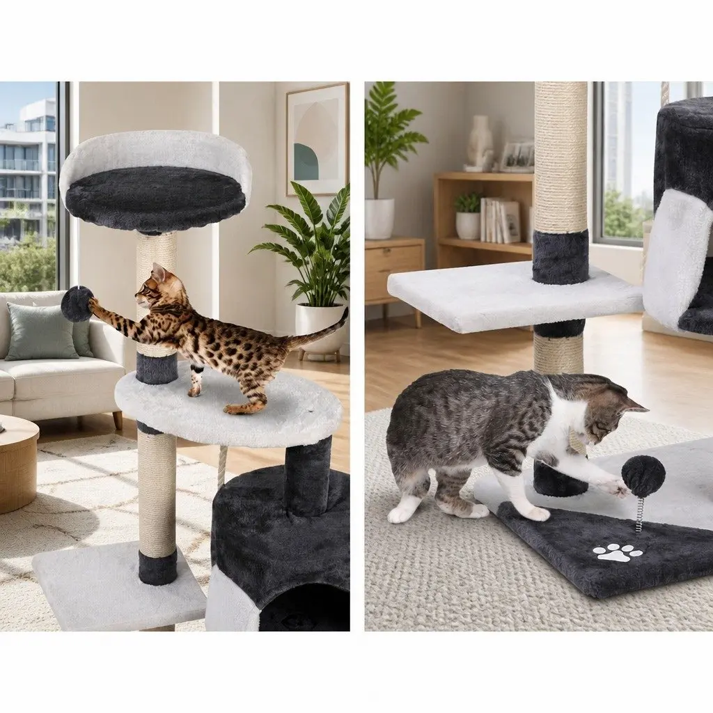 Multi-Level Cat Tree 112cm High with Grey Plush Finish
