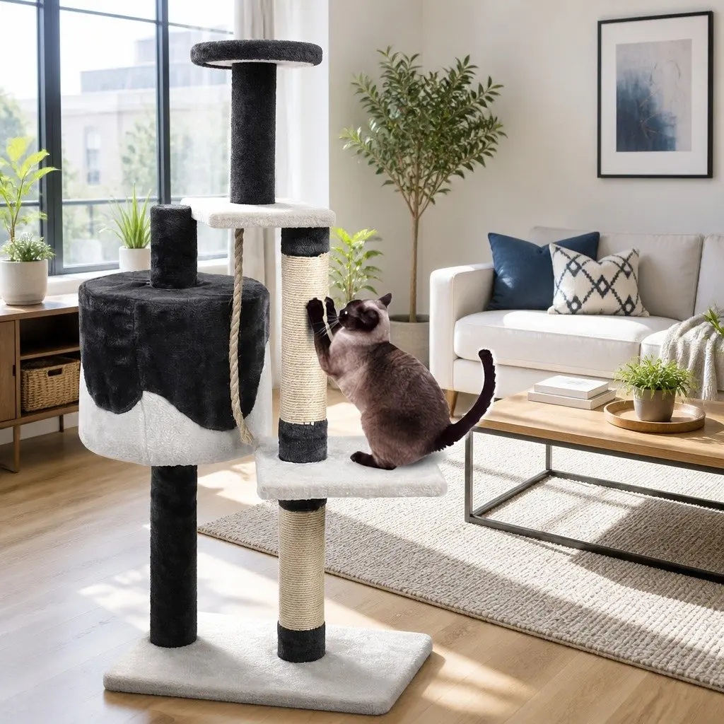 Multi-Level Cat Tree 112cm High with Grey Plush Finish
