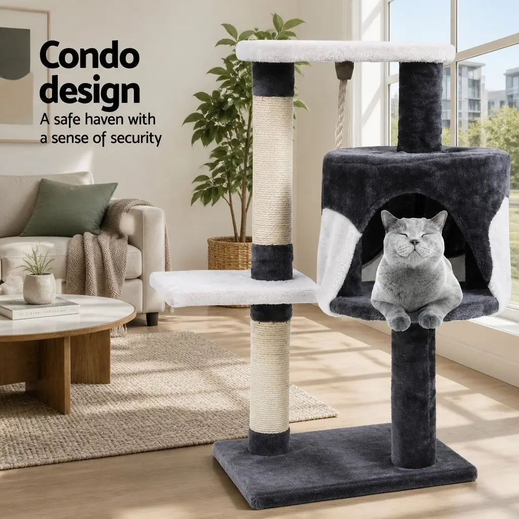 Multi-Level Cat Tree 112cm High with Grey Plush Finish