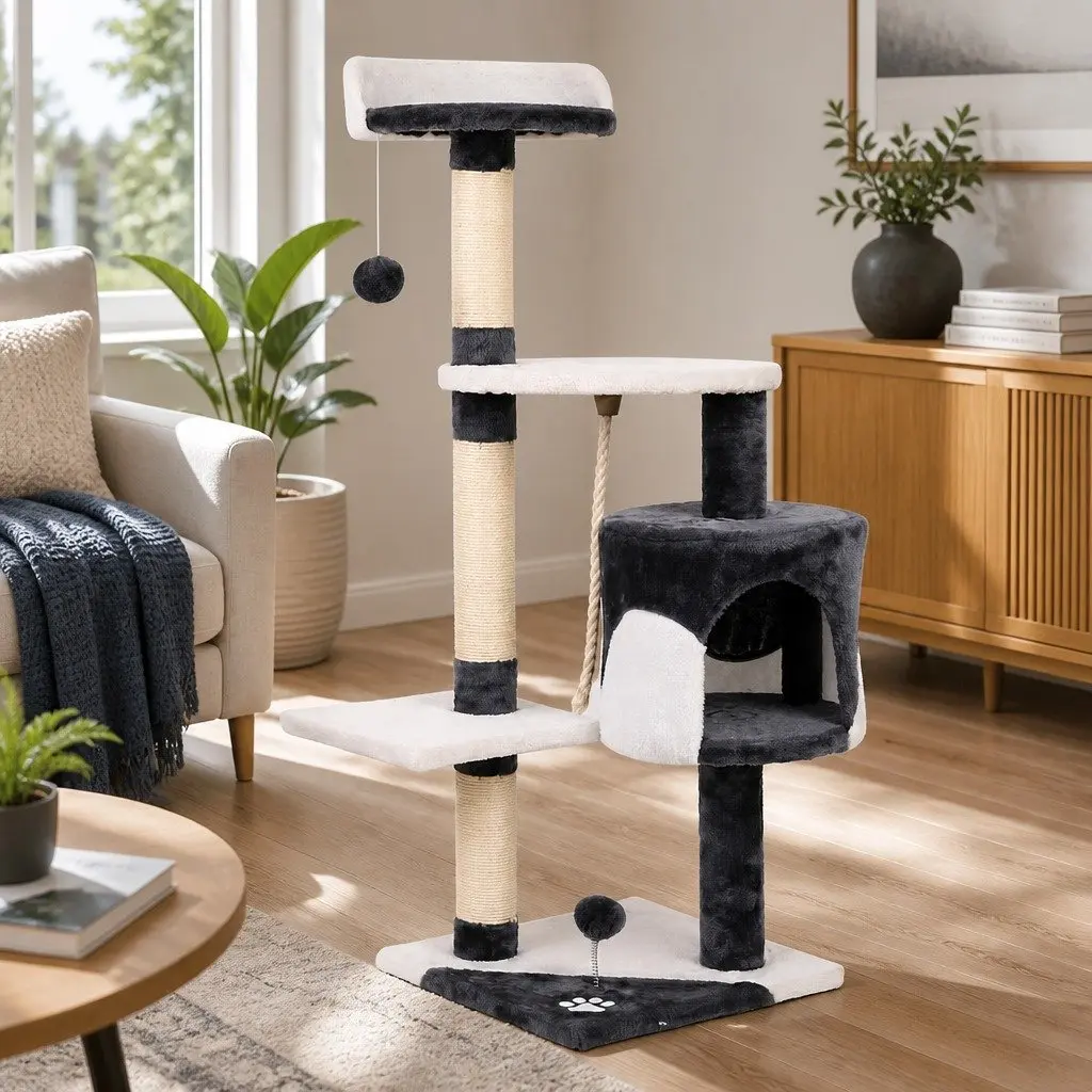 Multi-Level Cat Tree 112cm High with Grey Plush Finish