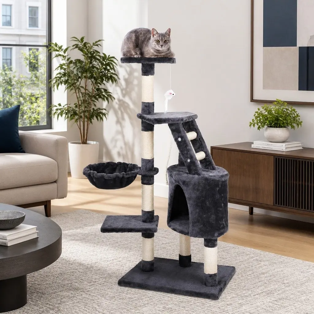 Cat Tree Plush Velvet 120cm Dark Grey Multi-Level Scratching Post Tower Condo House Bed Perch Climb
