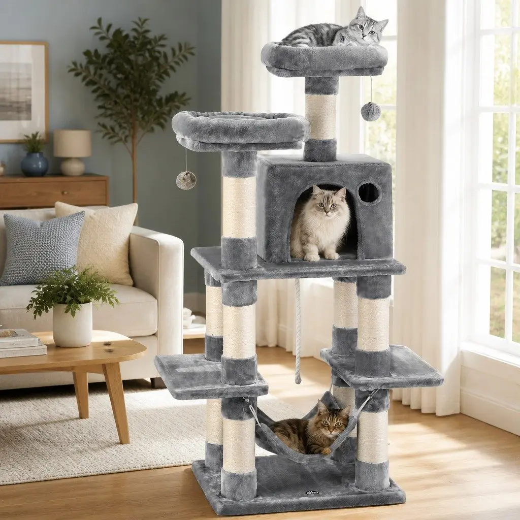 Cat Tree Particleboard Plush Velvet 145cm Light Grey