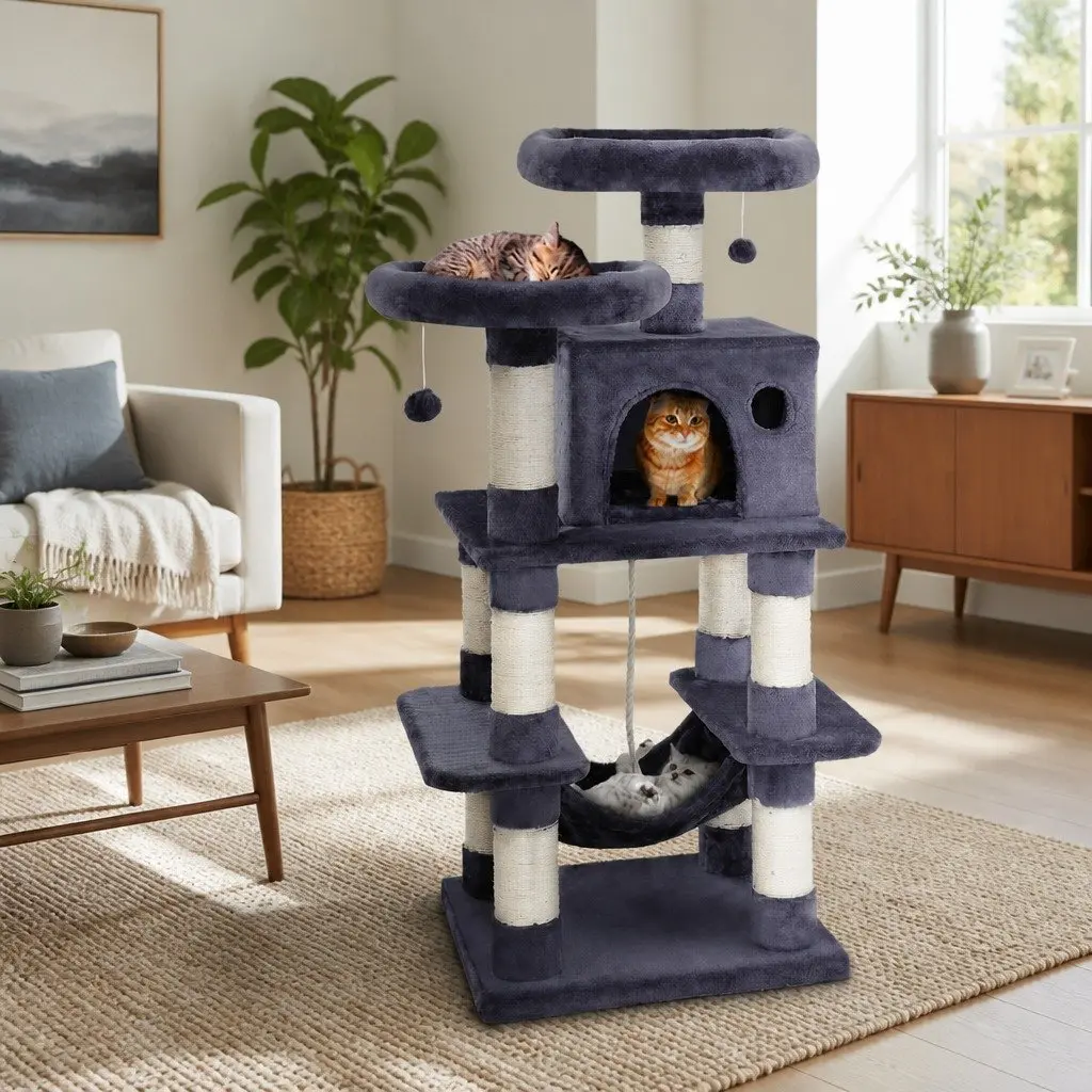 Large Grey Cat Tree Tower with Scratching Post and Bed