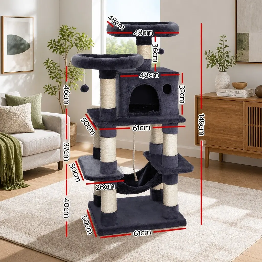 Large Grey Cat Tree Tower with Scratching Post and Bed