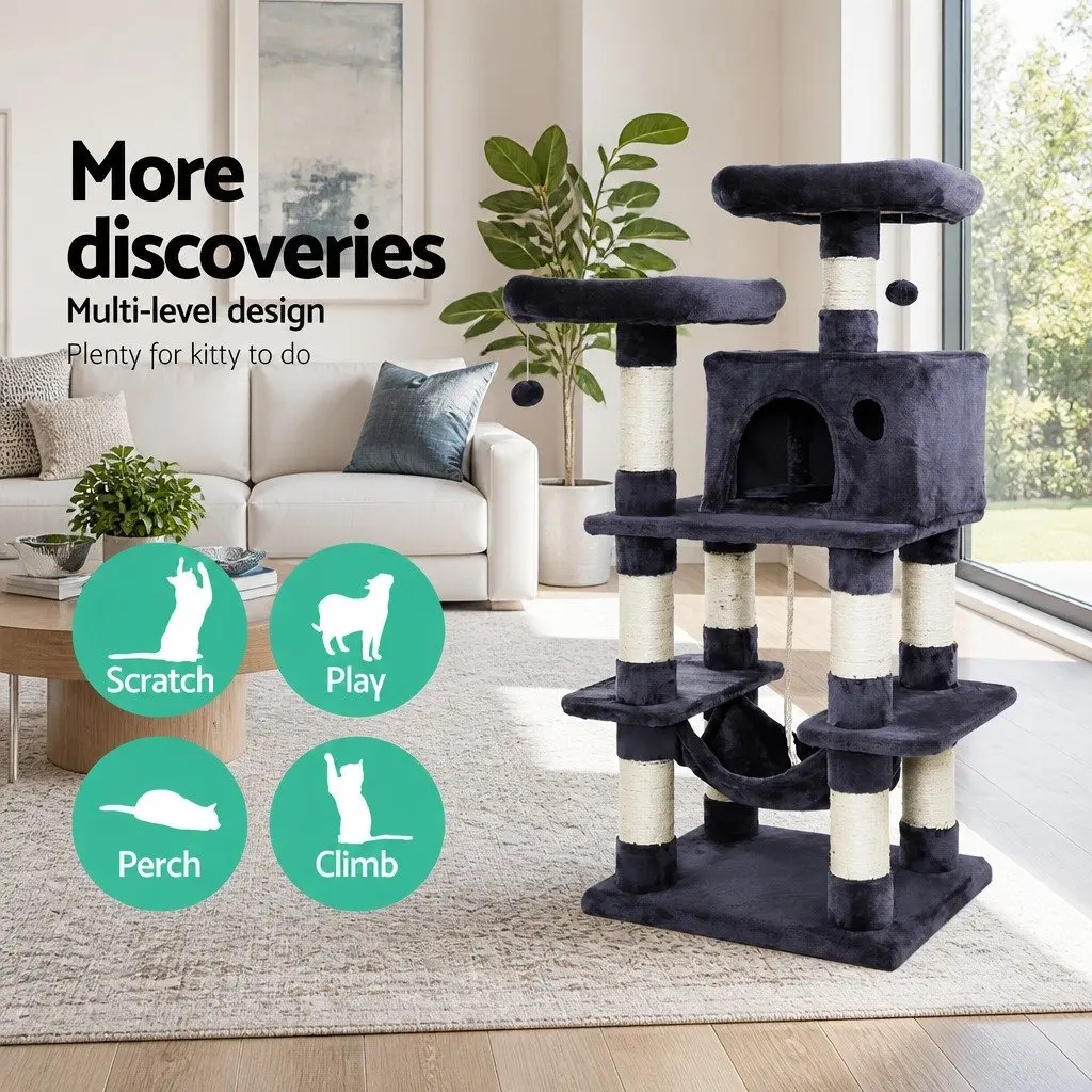 Large Grey Cat Tree Tower with Scratching Post and Bed