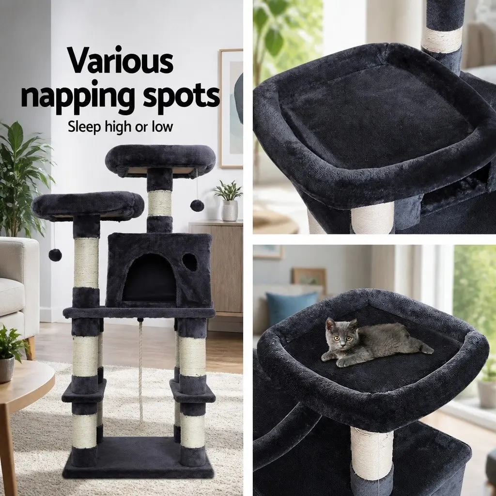 Large Grey Cat Tree Tower with Scratching Post and Bed