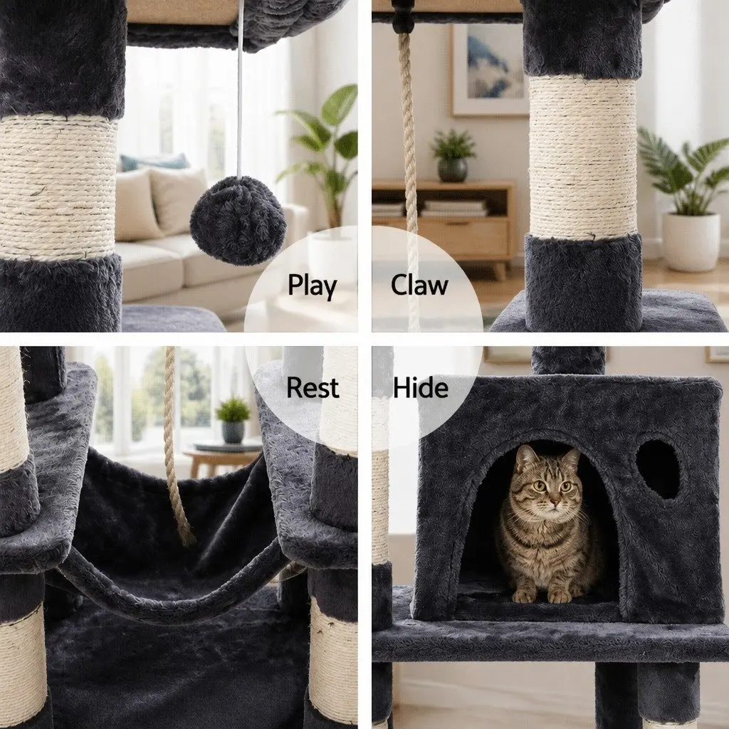 Large Grey Cat Tree Tower with Scratching Post and Bed