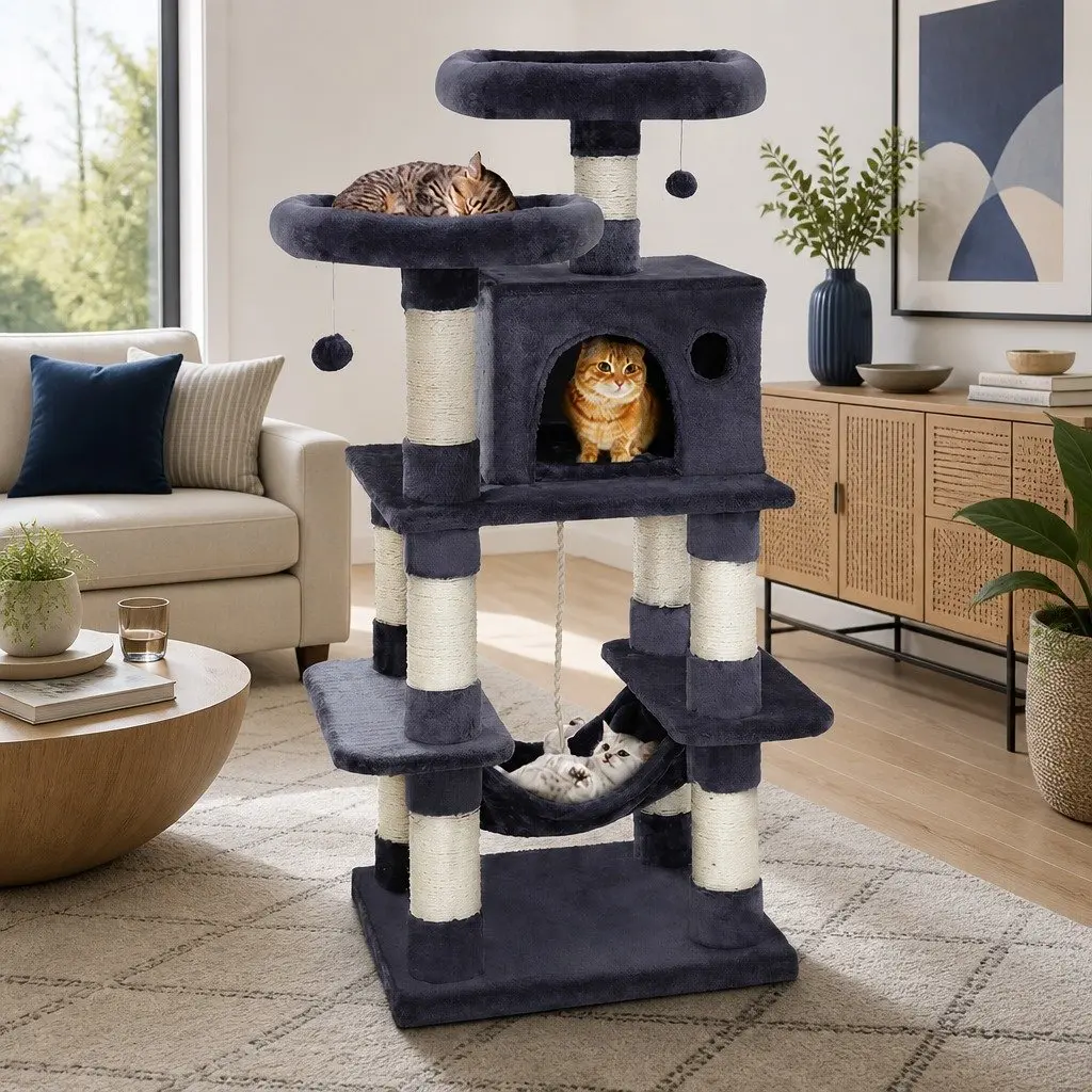 Large Grey Cat Tree Tower with Scratching Post and Bed