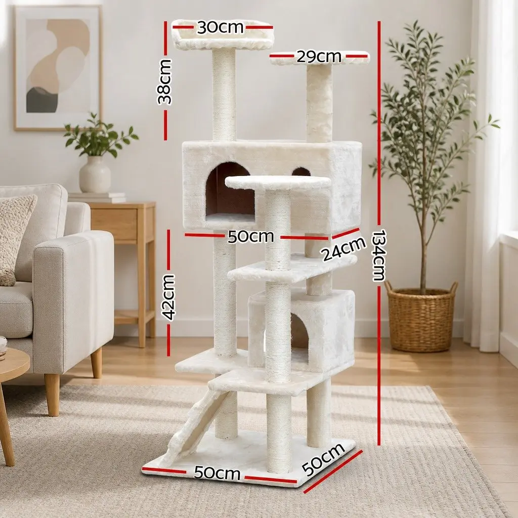 Cat Tree 134cm Tower Scratching Post Condo House Bed Multi-Level Beige Wooden