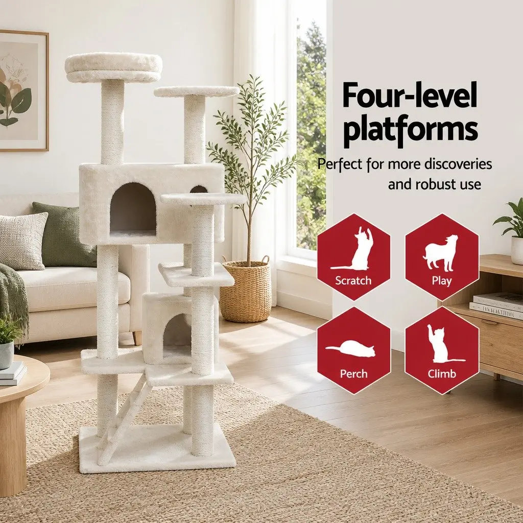 Cat Tree 134cm Tower Scratching Post Condo House Bed Multi-Level Beige Wooden