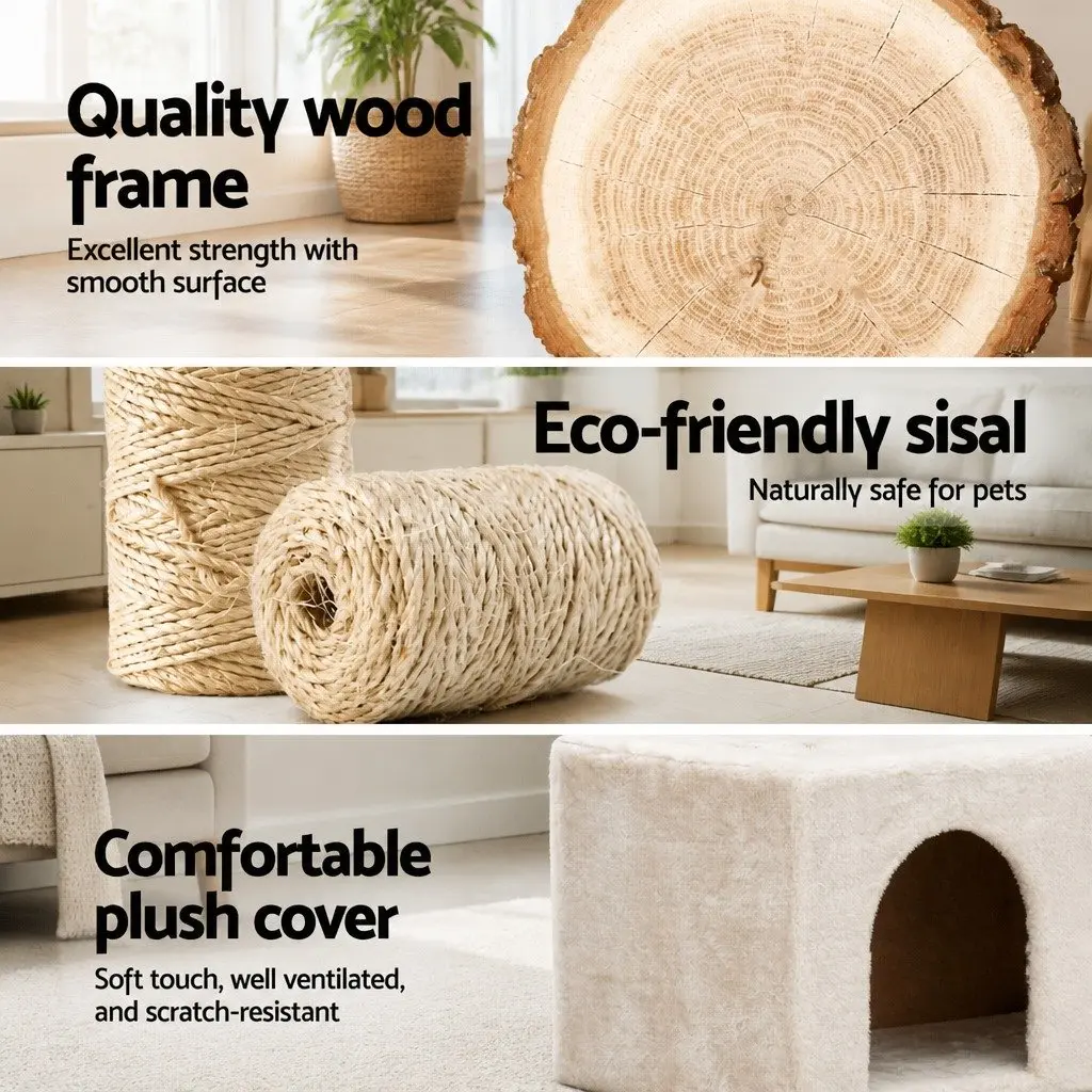 Cat Tree 134cm Tower Scratching Post Condo House Bed Multi-Level Beige Wooden