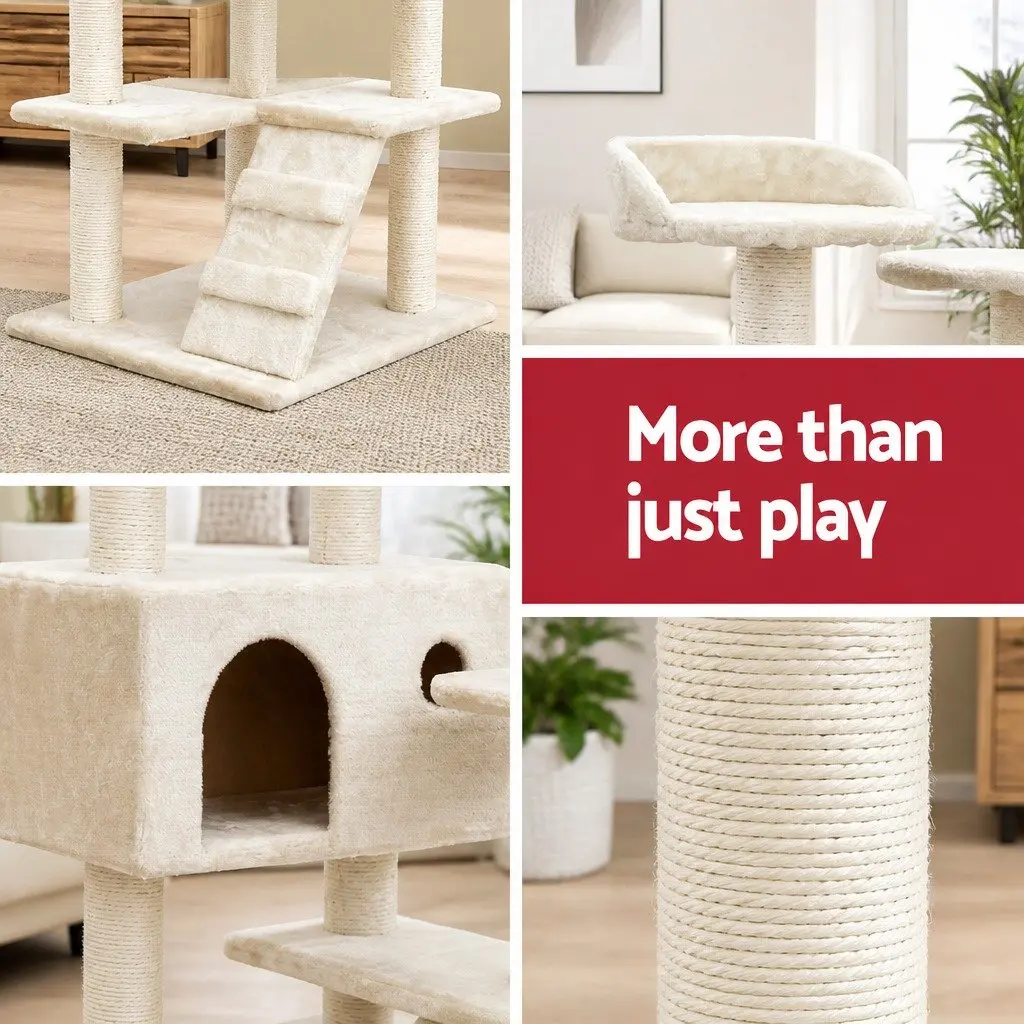 Cat Tree 134cm Tower Scratching Post Condo House Bed Multi-Level Beige Wooden