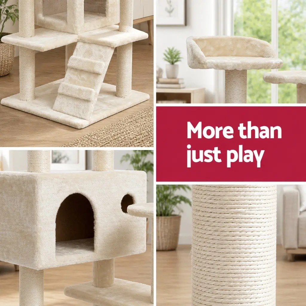 Cat Tree 134cm Tower Scratching Post Condo House Bed Multi-Level Beige Wooden
