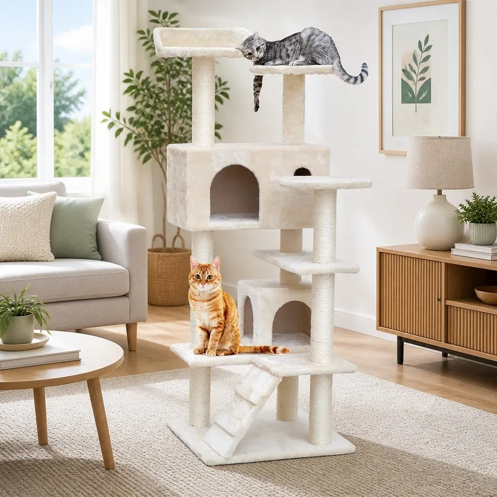 Cat Tree 134cm Tower Scratching Post Condo House Bed Multi-Level Beige Wooden