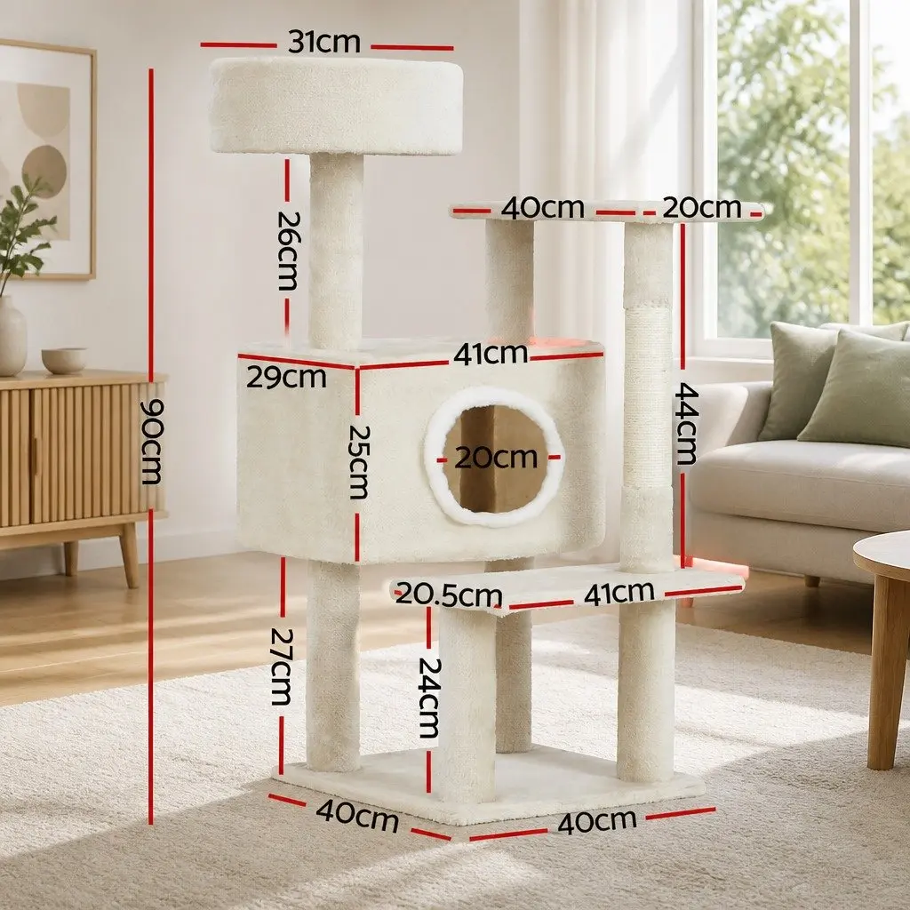 Cat Scratching Post Natural Sisal 90cm Beige Multi-Level Condo House Bed Scratcher Climbing