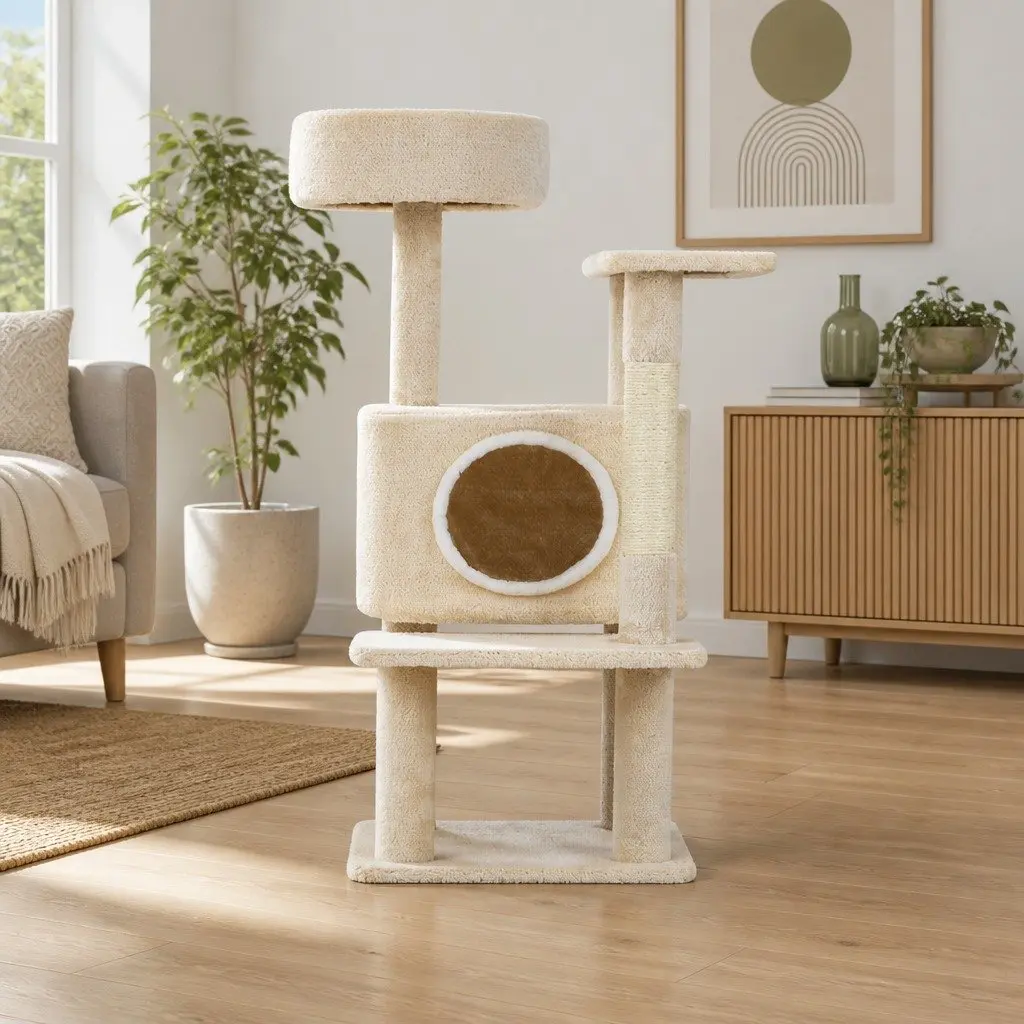Cat Scratching Post Natural Sisal 90cm Beige Multi-Level Condo House Bed Scratcher Climbing
