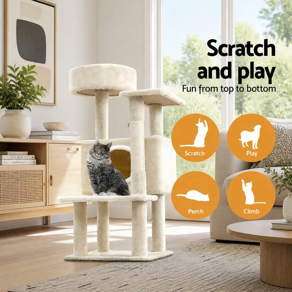 Cat Scratching Post Natural Sisal 90cm Beige Multi-Level Condo House Bed Scratcher Climbing