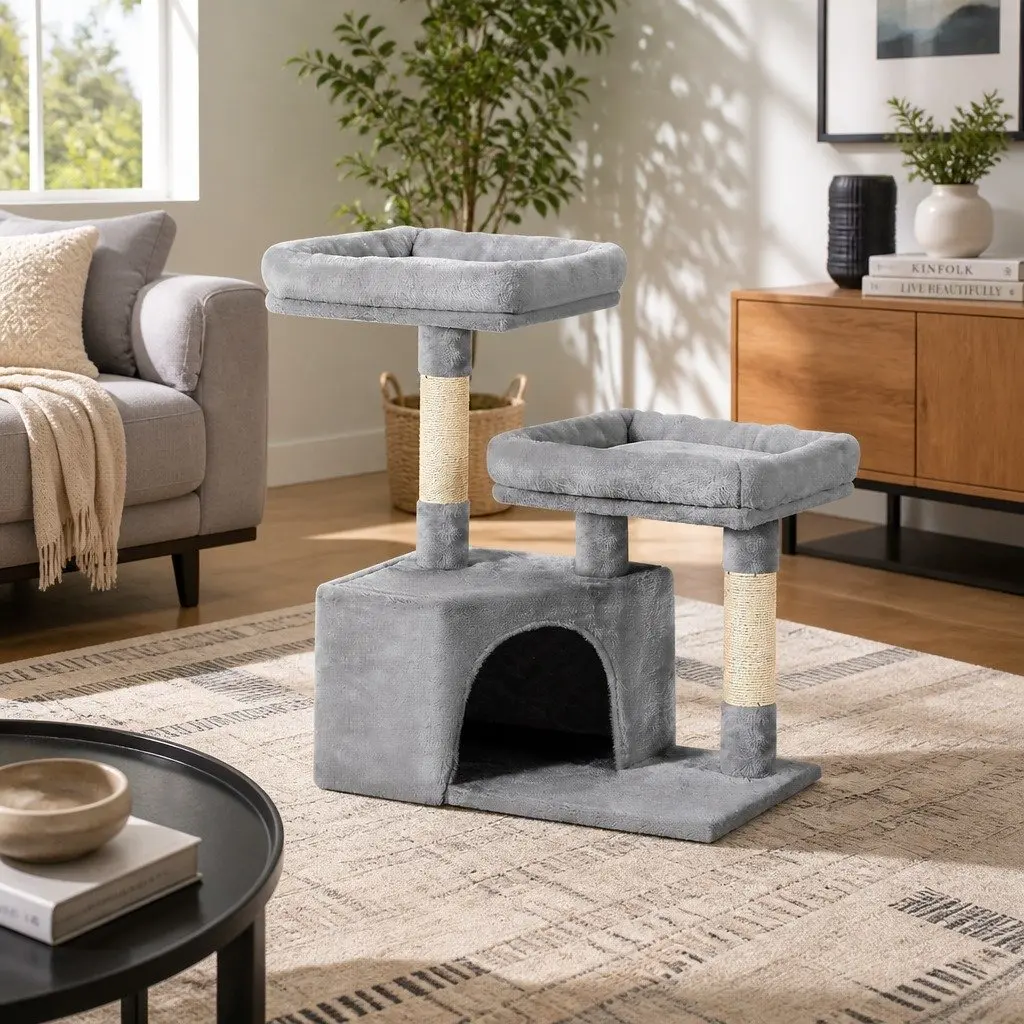 Cat Scratching Post 69cm Tree Tower Multi-Level Condo House Bed Grey Wood