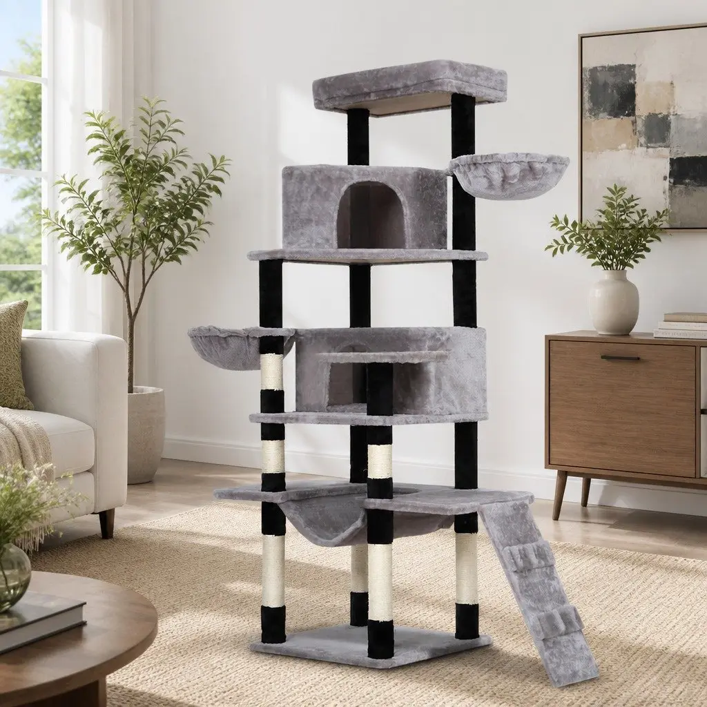 Multi-Level Grey Cat Tree with Scratching Post 161cm